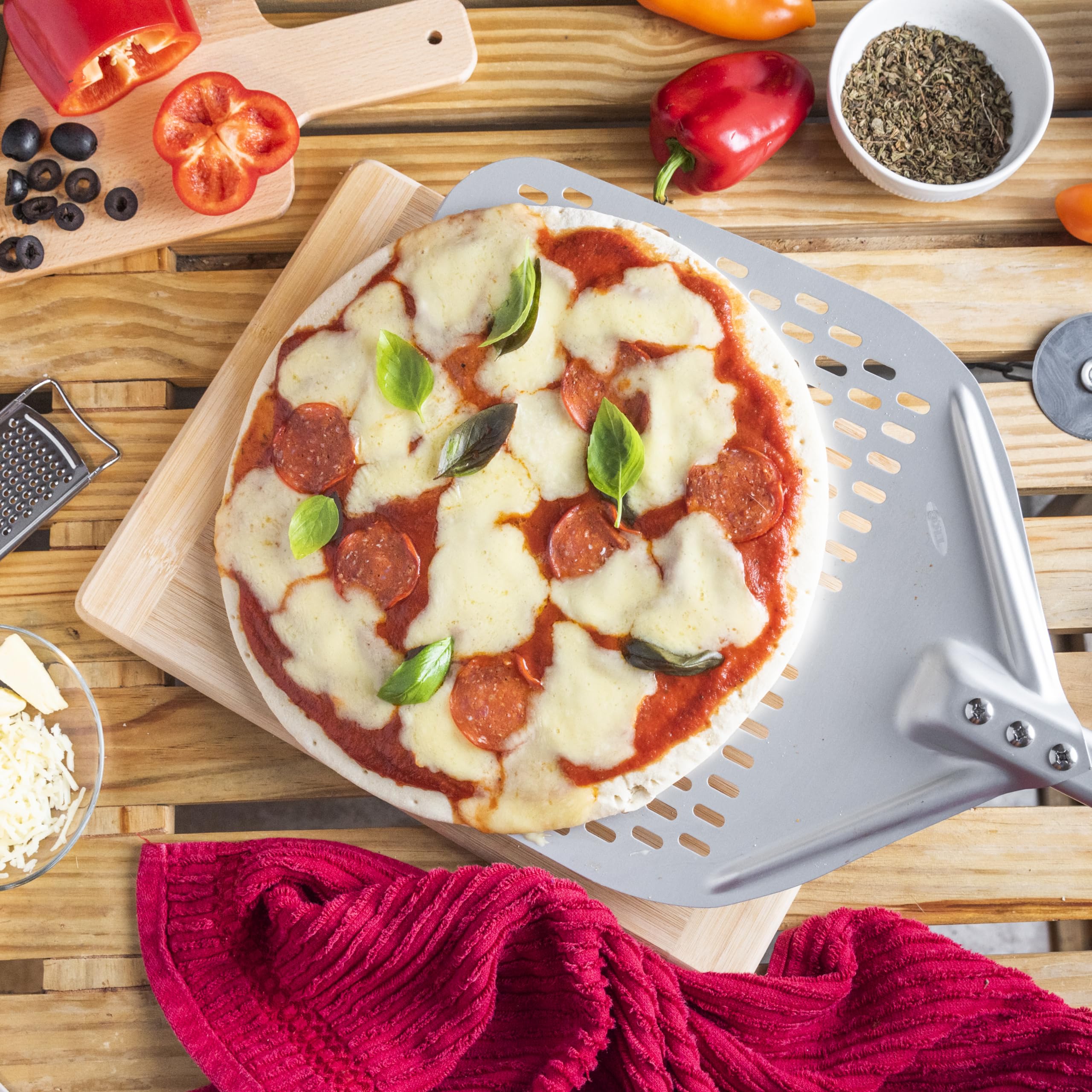 TKC 14” Perforated Pizza Peel – 31 Inch Long Handle Perforated Aluminium Pizza Paddle – Lightweight Pizza Turning Peel – Commercial Grade Pizza Spatula - Outdoor Pizza Oven Accessories - (Silver/Red)