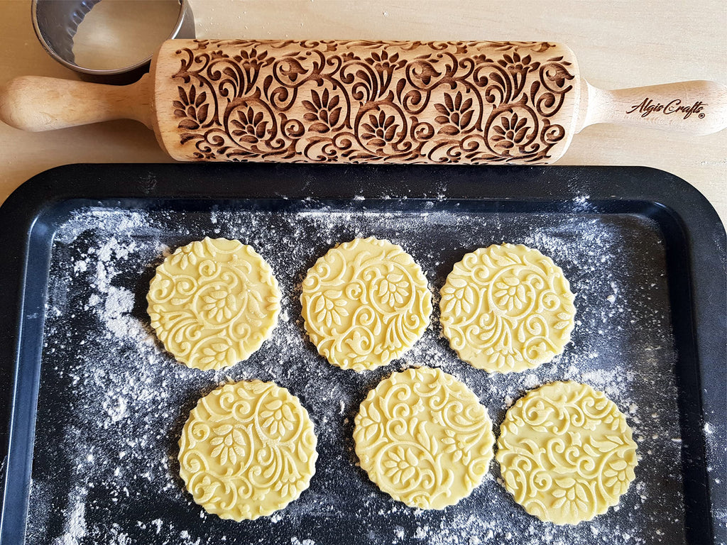 FLOWERING VINE Embossing Rolling Pin. Laser Engraved Dough Roller with Climbing Flowers Pattern for Embossed Cookies or Pottery by Algis Crafts