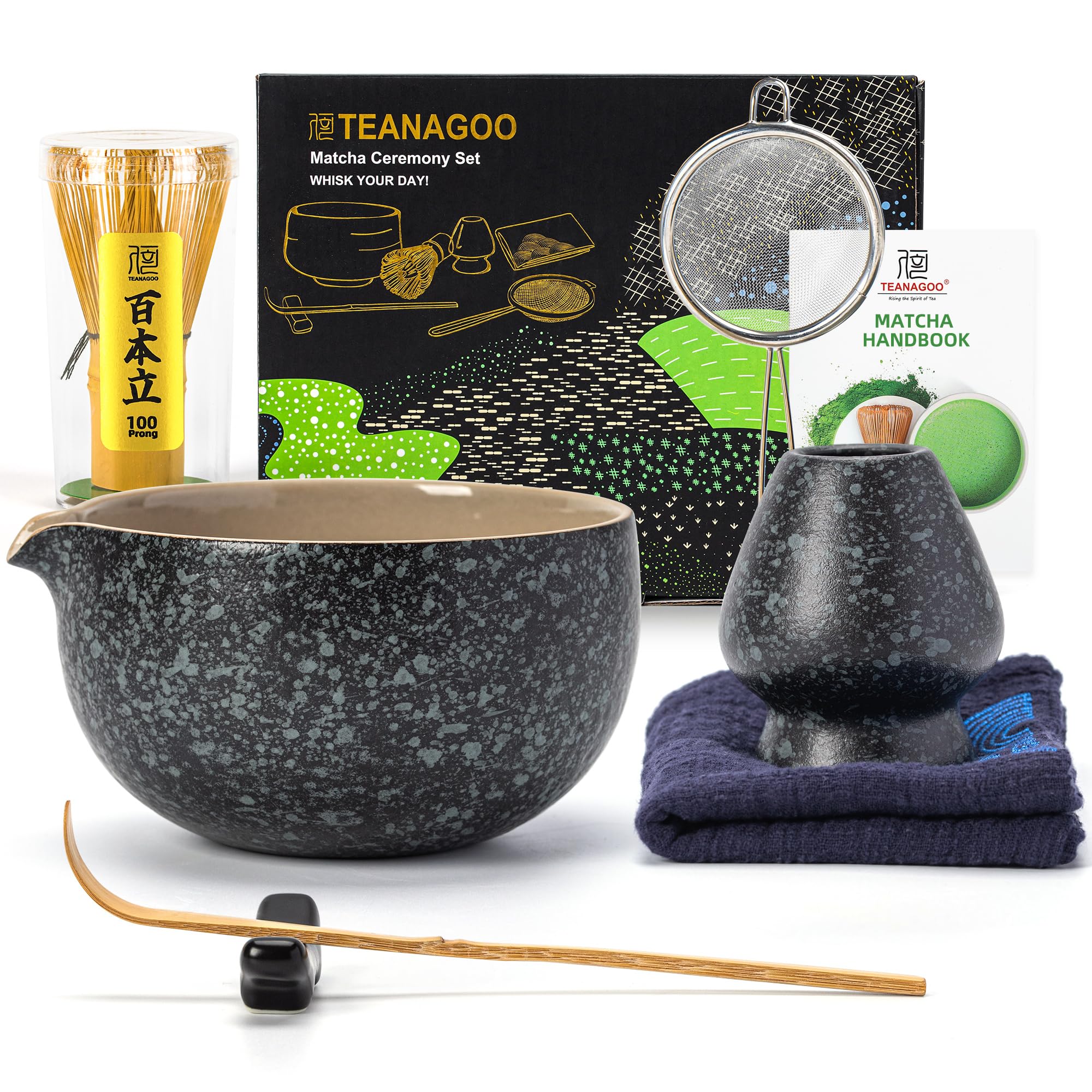 TEANAGOO Matcha Whisk Set Black,7 Pcs Matcha Set,Matcha Kit for Ceremony,Tradition Tea Set for Making Breakfast/Latte,Matcha Whisk Set with Bowl(Chawan)/Whisk and Holder,Gift for Family/Friend