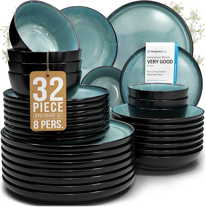 32 Piece Stoneware Dinnerware Set for 8 - Handmade Reactive Glaze Plates and Bowls Set - Chip & Scratch Resistant Dish Set - Dishwasher Microwave Safe - Dark Petrol Blue