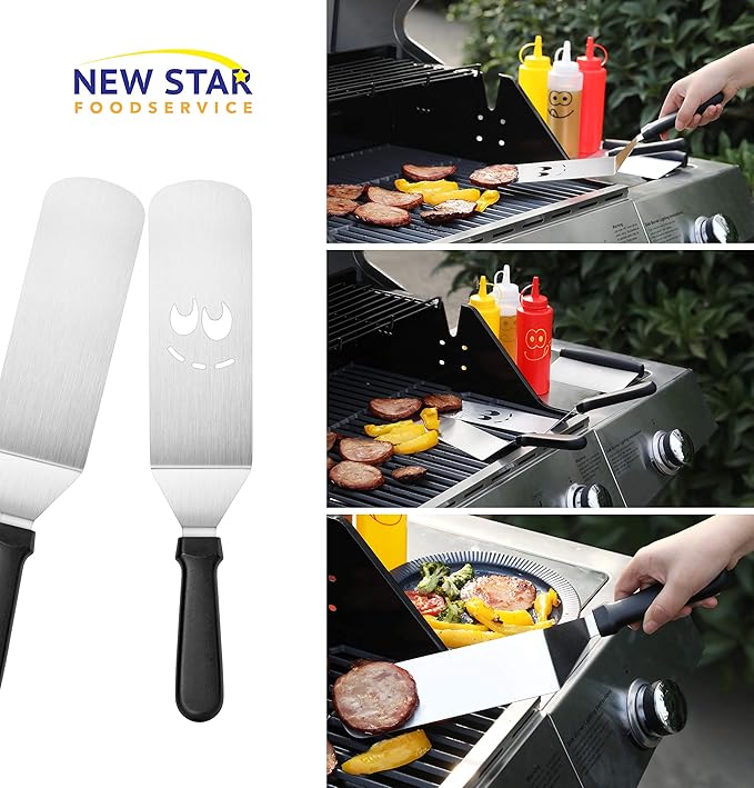 New Star Foodservice Stainless Steel BBQ/Griddle Tool Set, 6-Piece Set Includes Spatulas, Dough Scraper with Measurements, & Squeeze Bottle Set