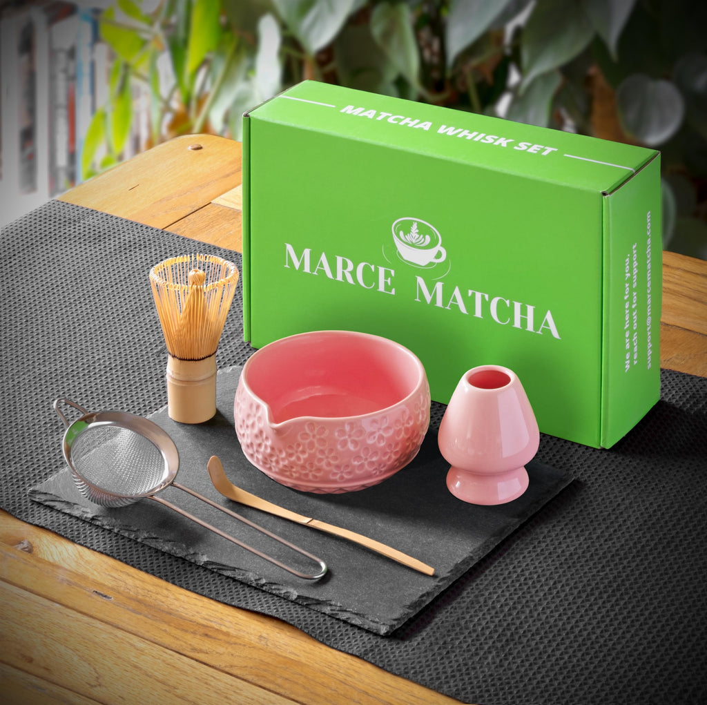 Marce Matcha Whisk Set- Matcha Set includes Matcha Whisk and Bowl with Spout, Sifter, Holder and Scoop- The Perfect Bamboo Whisk for Matcha Tea (Pink Flowers)