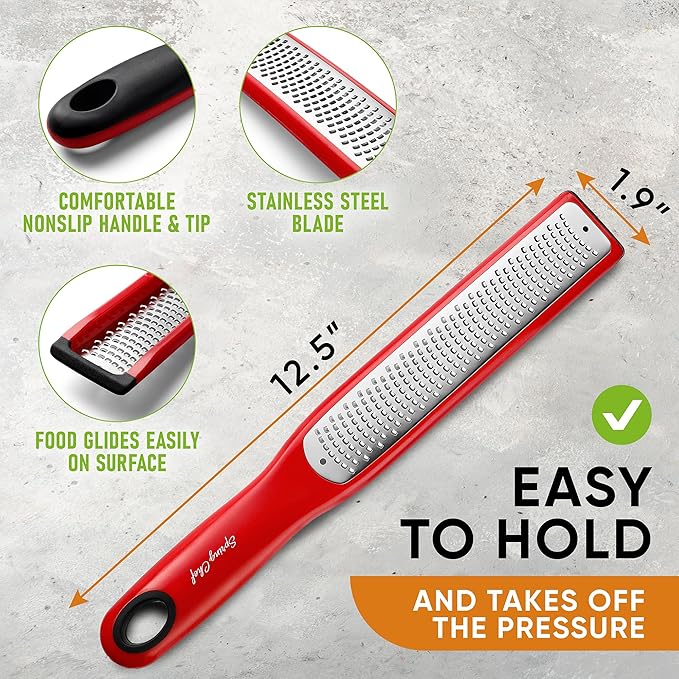 Spring Chef Stainless Steel Lemon Zester - Garlic & Ginger Grater - Red