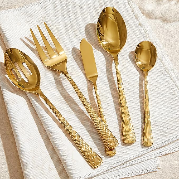 65 Piece Gold Silverware Set with Serving Utensils, 18/10 Stainless Steel