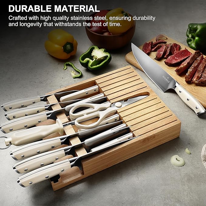N NOBLE FAMILY In-drawer Knife Block Set, 16PCS Kitchen Knife Set with Wooden Block, Chopping Knives Set, Stainless Steel Knife Block Set, Sharp Cooking Knife Set with Cutting Board, Rust Proof, White