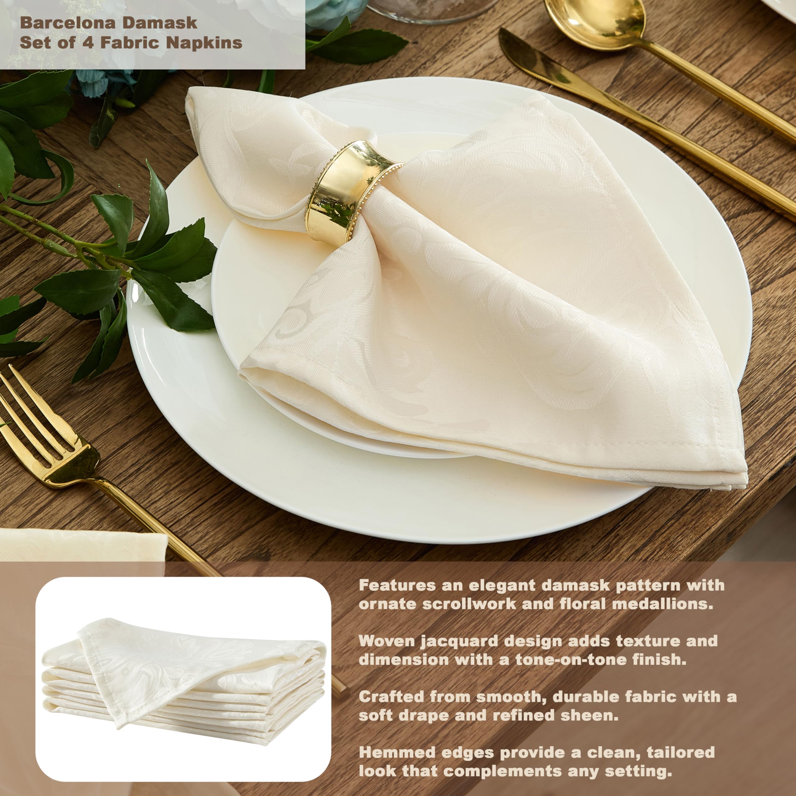 Newbridge Barcelona Luxury Damask Fabric Tablecloth, 60” Wide x 120” Rectangle, Antique White, 100% Polyester, No Iron, Soil Resistant Dining Room, Party and Banquet Table Cover