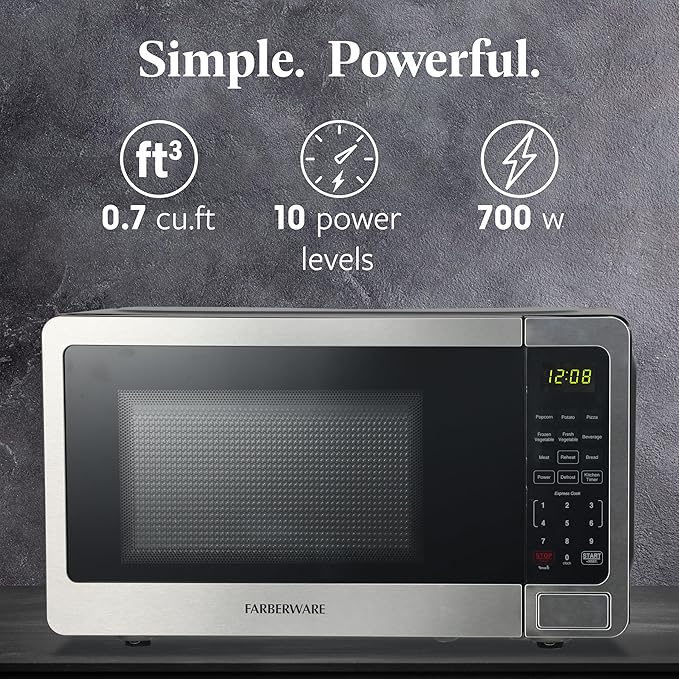 Farberware 0.7 Cu. Ft. Stainless Steel Microwave Oven, 700-Watt with LED Display, 10 Power Levels, 8 Auto-Cook Presets, Express Cooking, Weight & Time Defrost