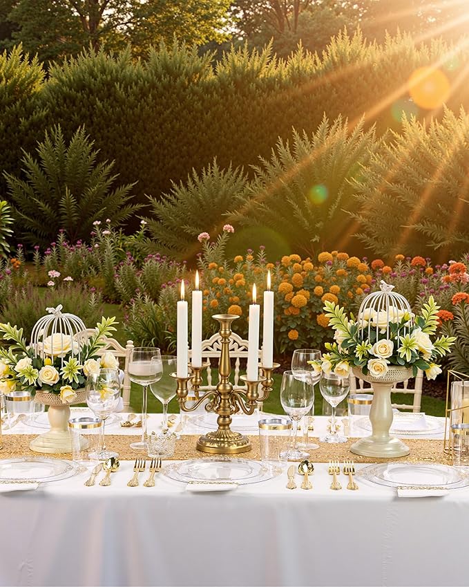 Nervure 350Pcs Clear Gold Plastic Plates, Dinnerware Sets for 50 Guests