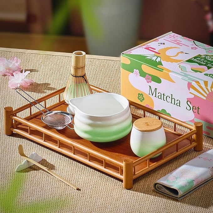 Matcha Whisk Set with Tea Caddy, Green 8 Pcs Matcha Kit Includes Bowl with Spout, Whisk & Holder, Ceramic Tea Caddy, Bamboo Scoop & Rest, Sifter, Tea Towel, Gift for Tea Lovers
