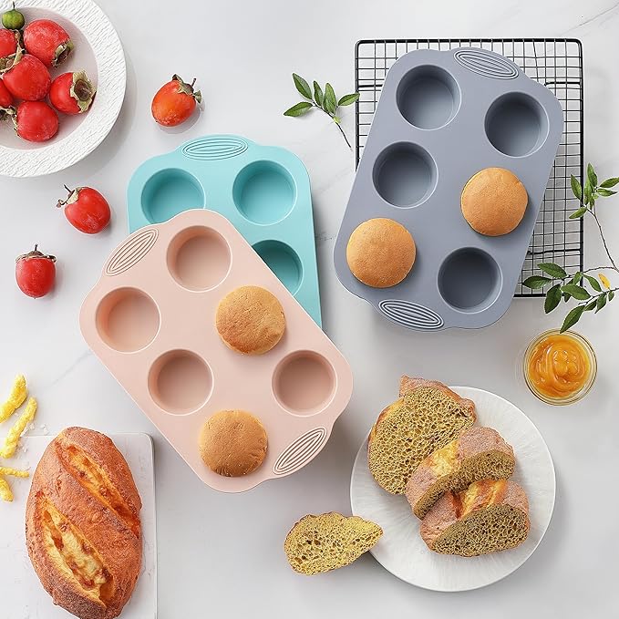 XZZWLL Silicone Muffin Pan, Food Grade Silicone Cupcake Molds for Baking Muffins and Cupcakes, 6-Cup Nonstick Cupcake Pan, Easy Cleaning and BPA-Free (Gray, Orange, Blue)