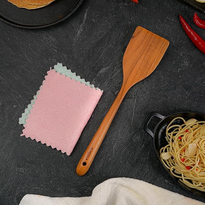 Fiodio Home Teak Wooden Spatula for Cooking – Handcrafted Non-Stick Kitchen Utensil with Comfort Grip & Microfiber Cloth