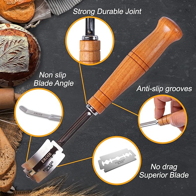 EROIR 13" Danish Dough Whisk Bread Lame Bowl Scraper Set - Dutch Sourdough Whisk Double Eye, Dough Scraper, Bread Scorer with 10 Blades and Leather Cover