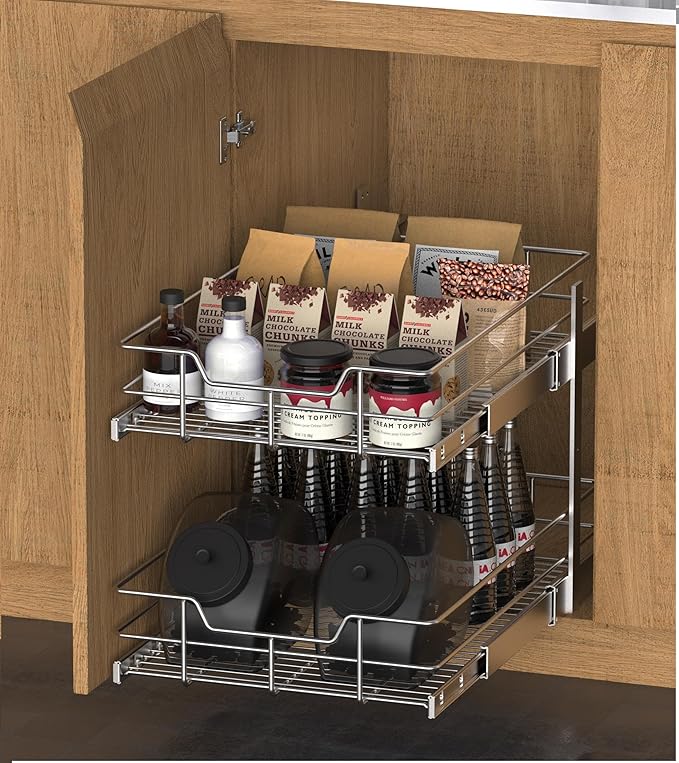2 Tier Pull Out Cabinet Organizer 11" W X 17" D, Chromed, Full Slide Out