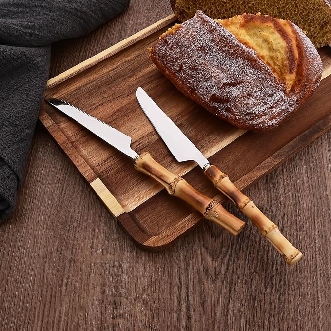 Uniturcky Dinner Knife Set with Bamboo Handle, 8-Piece Stainless Steel Shiny Silver Dinner Knives, Creative Design Table Knives for Home Restaurant, 8.74 inch, Handcrafted