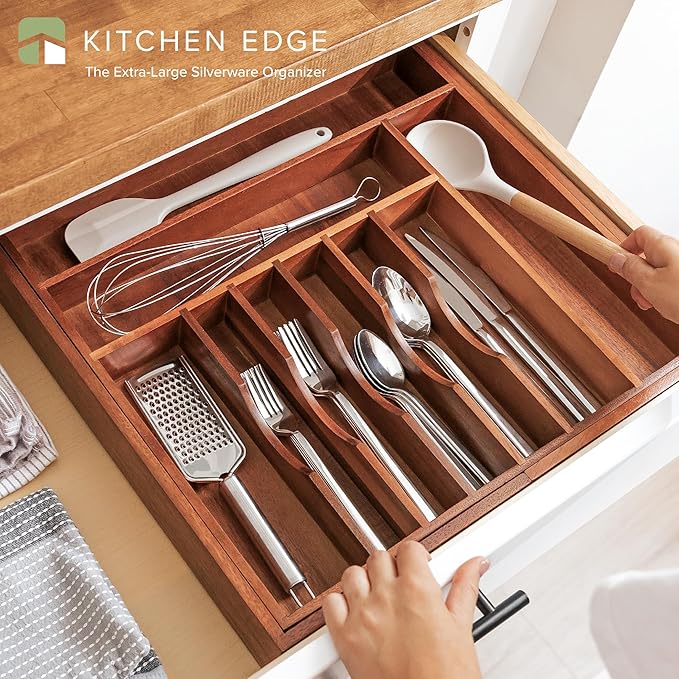 KitchenEdge Silverware & Utensil Drawer Organizer, 18-33 in, Acacia