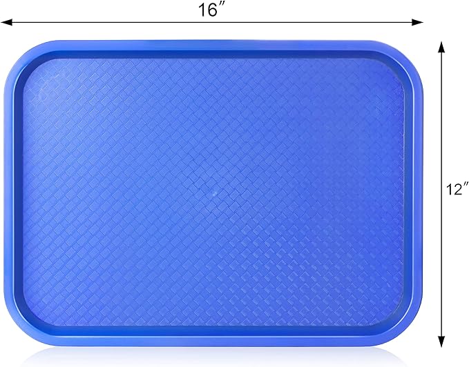 New Star Foodservice Fast Food Tray, 12 x 16 Inch Reusable Plastic Cafeteria Serving Tray, Textured Non-Slip Surface, Stackable Restaurant Tray, Blue, Set of 12