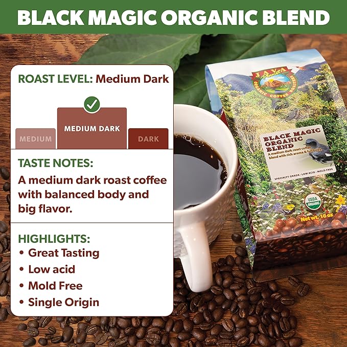 Java Planet Low Acid Organic Coffee, Black Magic, Medium Dark Roast, 16 oz