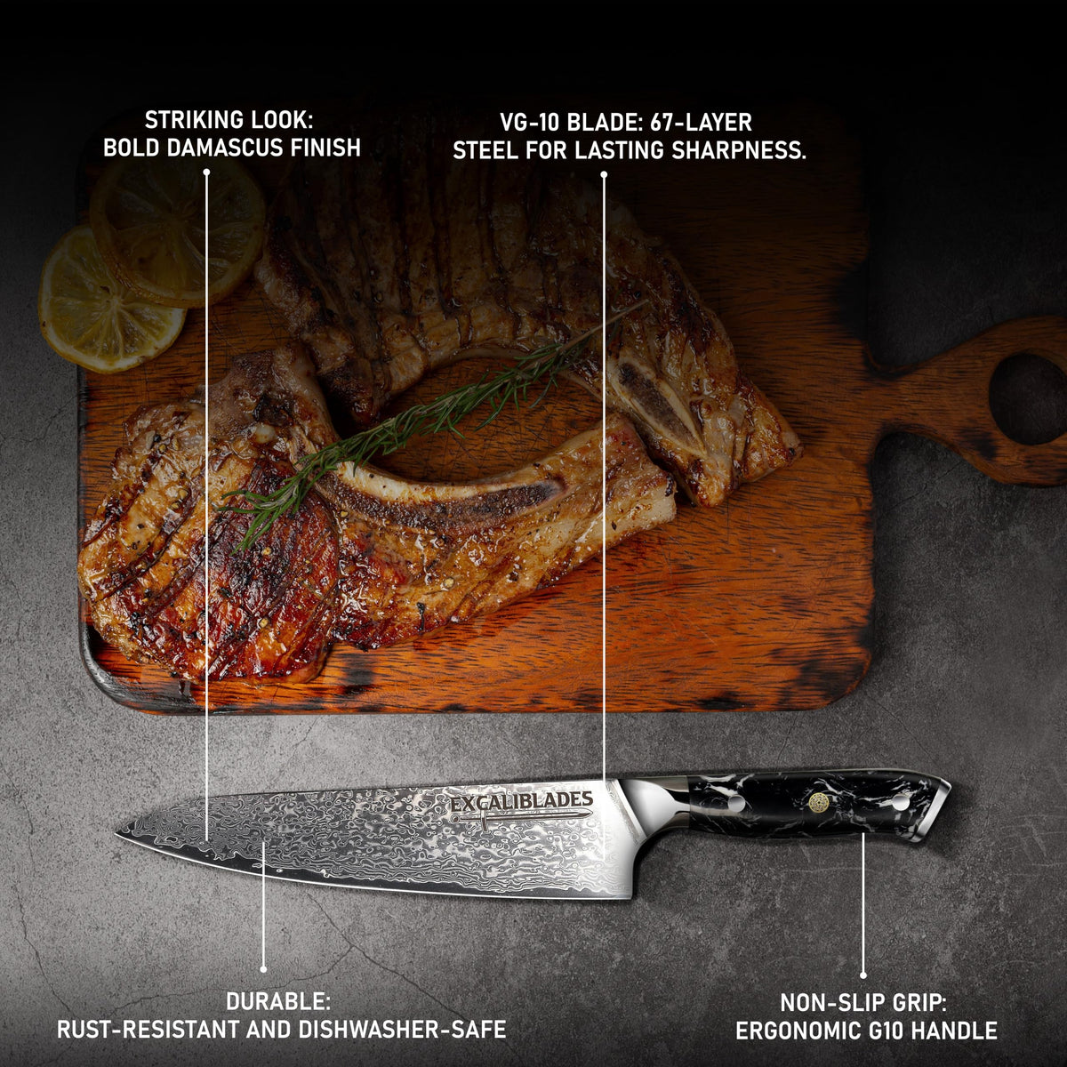 EXCALIBLADES 8” Chef Knife – VG10 Damascus Steel Kitchen Knife, Razor Sharp Professional Cooking Knife with Ergonomic G10 Handle, Luxury Gift Box & Sheath, Gift for Home Chefs