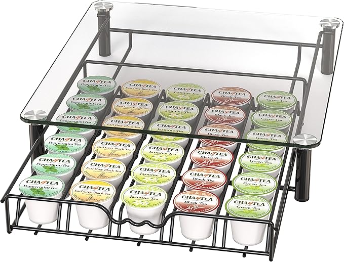 Deco Brothers Tempered Glass K-Cup Holder Drawer for 30 Coffee Pods, Black