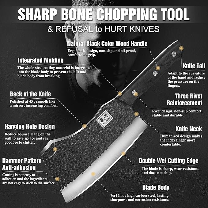 ENOKING 7.1″ Butcher Knife & Chef’s Knives – Hand Forged High Carbon Stainless Steel, Full Tang Meat Cleaver for Kitchen & Outdoor Meat Cutting