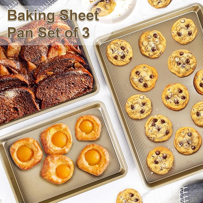 FLAREFX Baking Sheet Pan Set of 3 | Nonstick Cookie Sheets for Baking Supplies | No Rust & No Toxic Carbon Steel Half Sheet Pan+Jelly Roll Pan+Quarter Sheet Pan Set | Heavy Duty Baking Tray for Oven