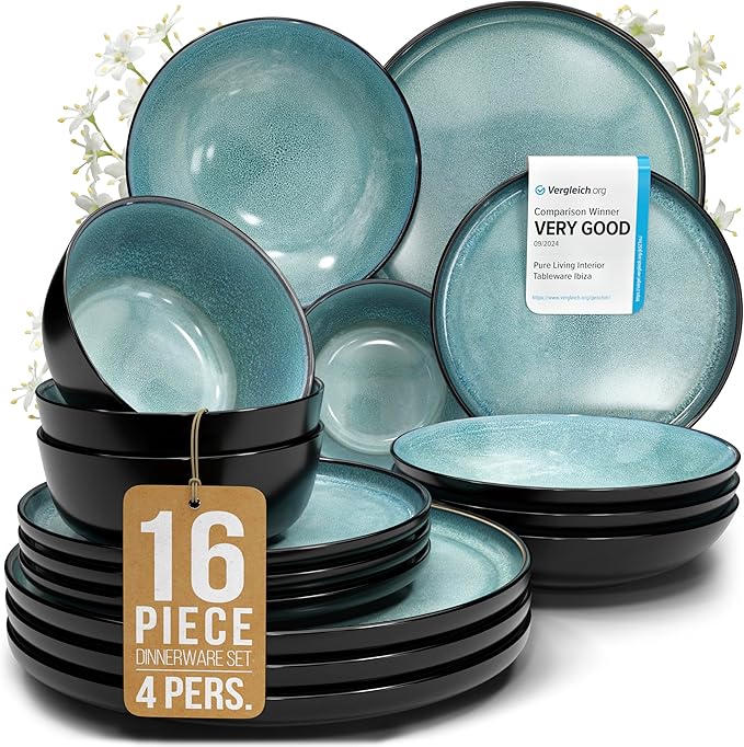 Stoneware Dinnerware Set for 4, 16 Piece Plates and Bowls Set - Handmade Reactive Glaze, Chip & Scratch Resistant Sets - Dishwasher Microwave Safe, Modern Kitchen Dinner Service in Dark Petrol Blue
