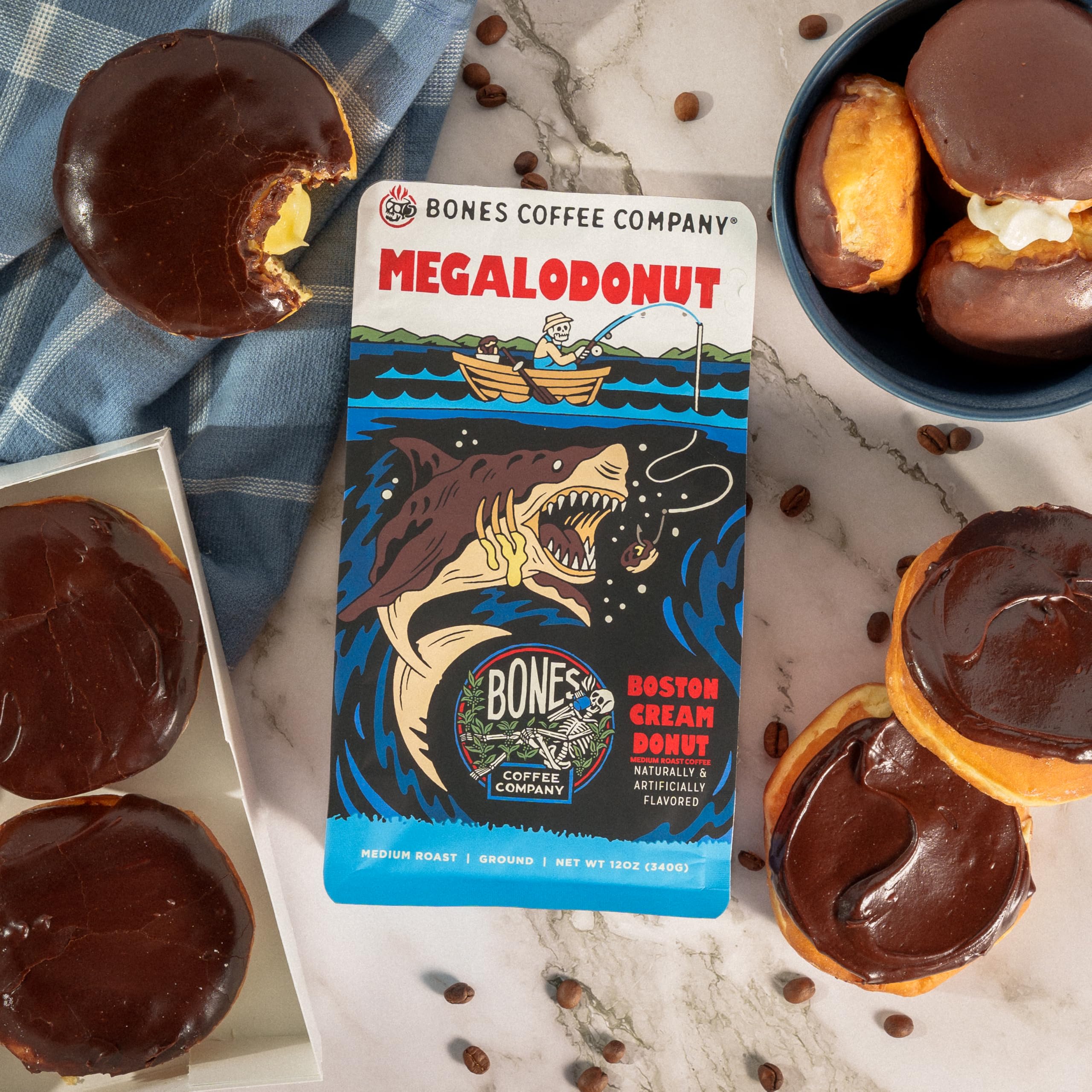 Bones Coffee Company Megalodonut, Boston Cream Donut Flavored Coffee, Medium Roast Low Acid Arabica Beans Compatible with Auto drip and French Press Coffee Maker, 12 Oz Ground