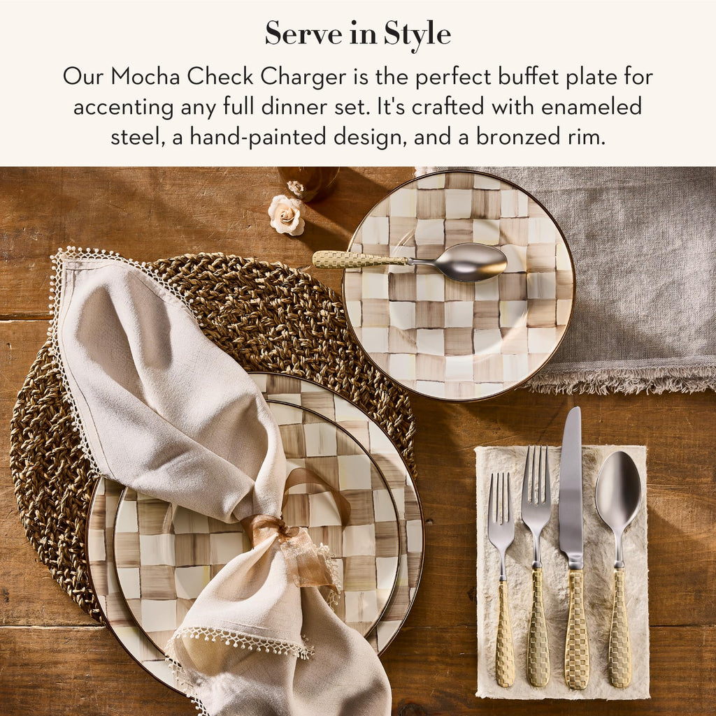 MACKENZIE-CHILDS Enamel Charger Plate, Brown-and-White Mocha Check