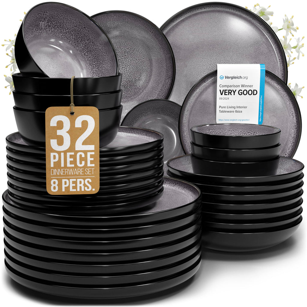 32 Piece Stoneware Dinnerware Set for 8, Handmade Plates and Bowls Set