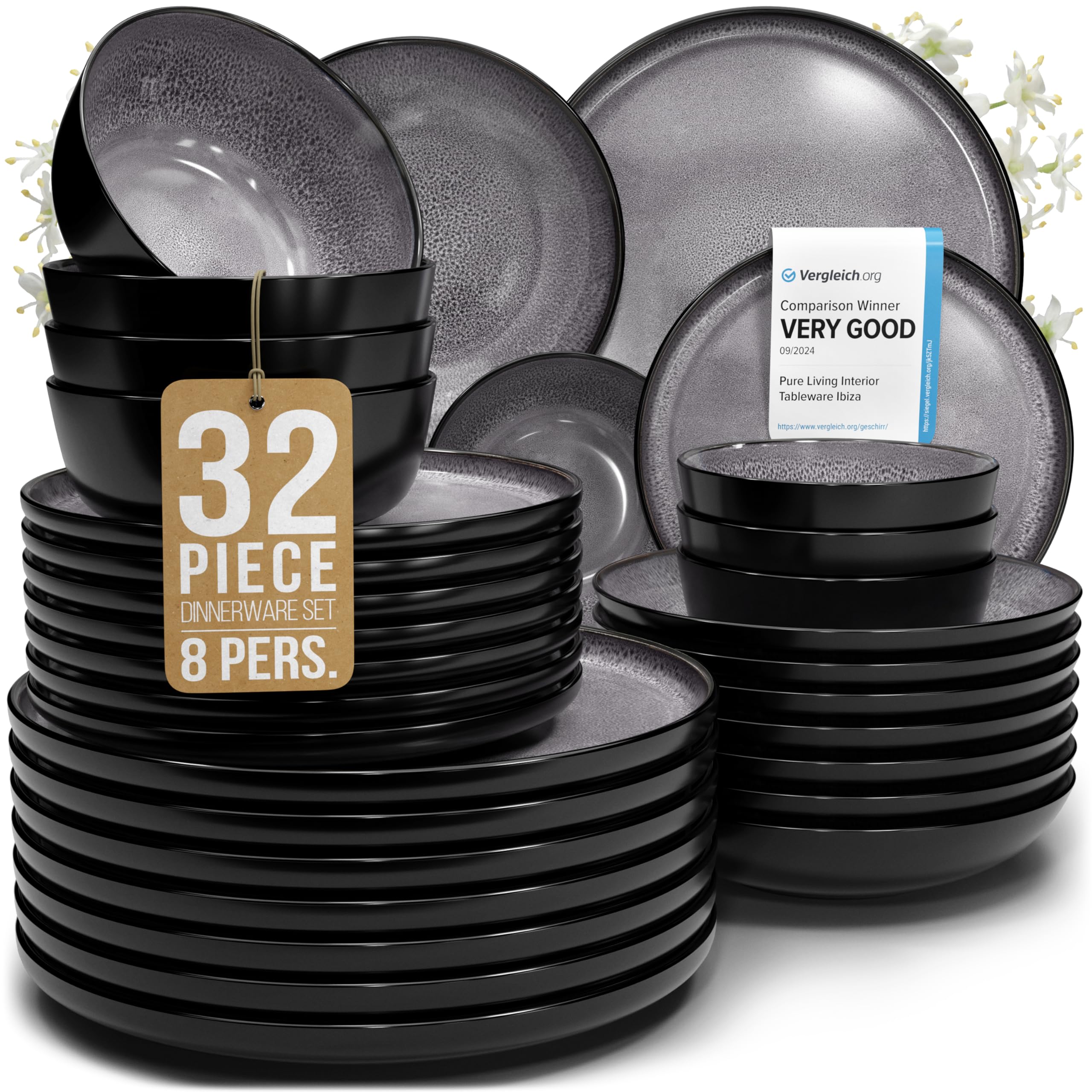 32 Piece Stoneware Dinnerware Set for 8 - Handmade Reactive Glaze Plates and Bowls Set - Chip & Scratch Resistant Dish Set - Dishwasher Microwave Safe - Dark Gray