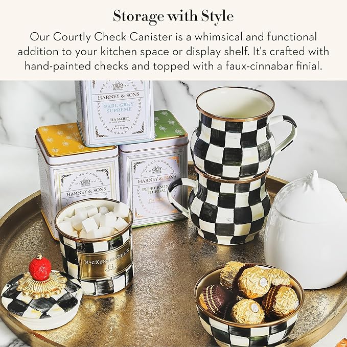 MACKENZIE-CHILDS Enamel Canister, Mini, Black-and-White Courtly Check