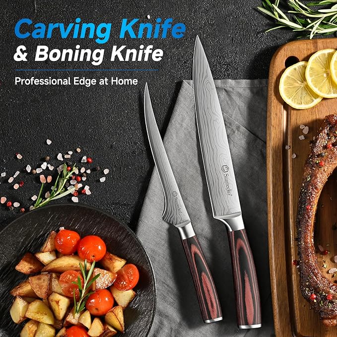 Knife Set with Block and Sharpener, 15 Piece Kitchen Knife Block Set
