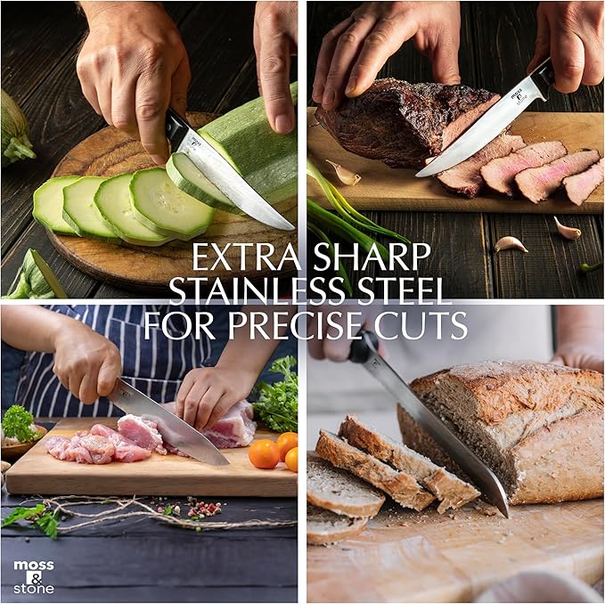 Moss & Stone 14 Pcs Kitchen Knife Set with Block, Stainless Steel