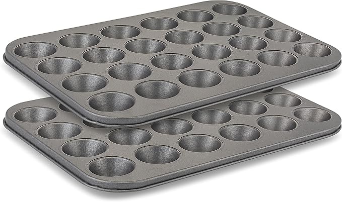 husMait Mini Muffin Pan 24 cup, Set of 2 - Non-Stick Carbon Steel Mini Cupcake Pan Multipack - Heavy Duty 48 Cavity Metal Baking Tray, Warp-Resistant, PFOA Free