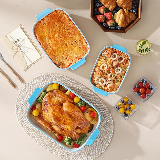 MALACASA Ceramic Baking Dishes Set of 3, Blue Trim Casserole for Oven, 9x13