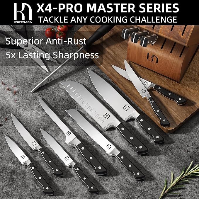 KnifeSaga 15-pc Japanese Kitchen Knife Block Set, Razor Sharp, Professional