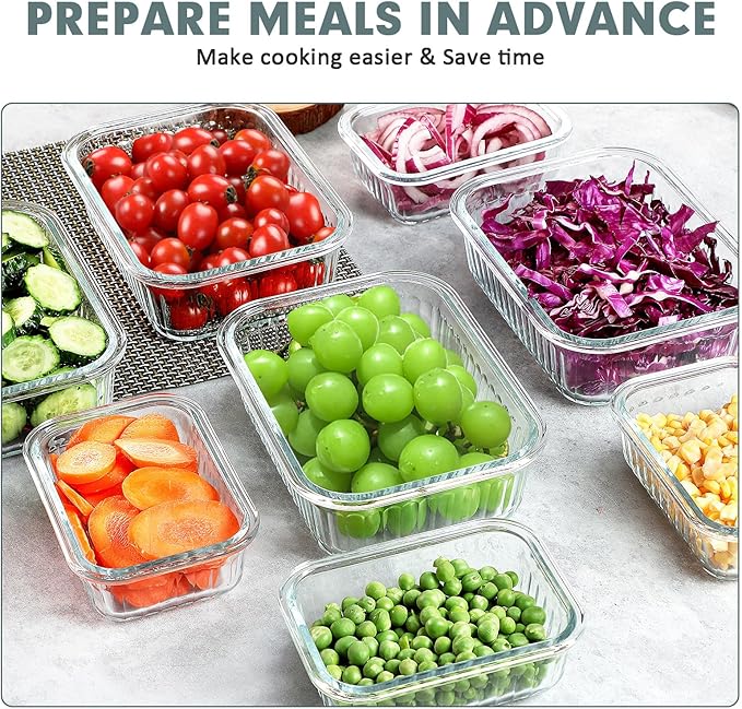 KOMUEE 10 Packs Glass Meal Prep Containers with Lids, Glass Food Storage Containers Set, Airtight Lunch Containers, Microwave, Oven, Freezer and Dishwasher Safe