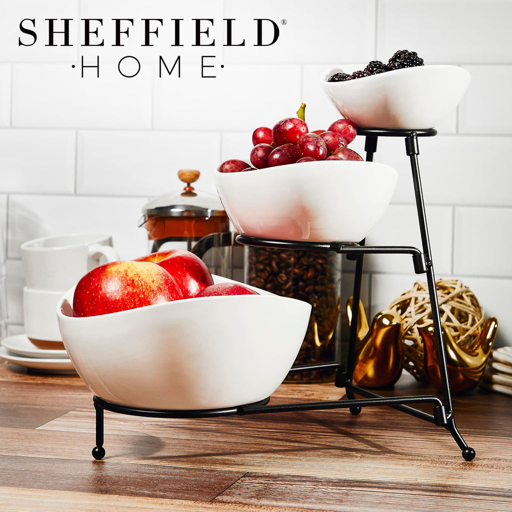 Sheffield Home 3 Tier Stoneware Large Serving Bowls Set with Metal Stand - Microwave & Dishwasher Safe Fruit Bowl & Chip and Dip Servings Set - Serving Dishes for Party, Kitchen & Side Dishes (White)