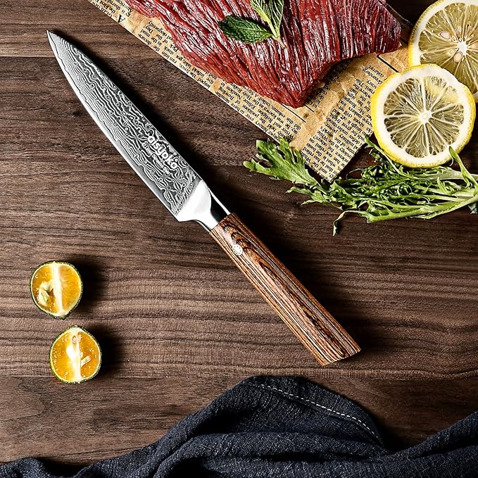 Aisyoko 5-Inch Paring Knife - Japanese VG-10 Super Steel 67-Layer Damascus Blade - Fruit Utility Knife for Carving & Peeling - Luxury Gift Box with Color Wooden Handle - Includes Scabbard