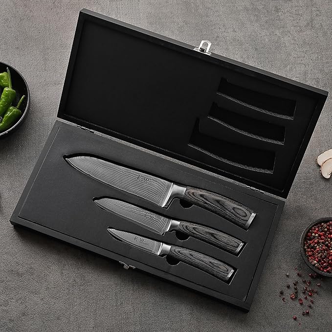 Wakoli EDIS 3-Piece Damascus Knife Set, VG10 Core, Pakkawood Handles