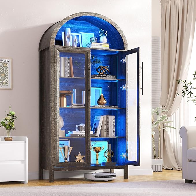 Dystler Arched Kitchen Pantry Cabinet with Glass Doors, Display Curio Case with 3 Color LED Lights for Collectibles, Modern 5-Tier Storage Hutch Cabinet Brown