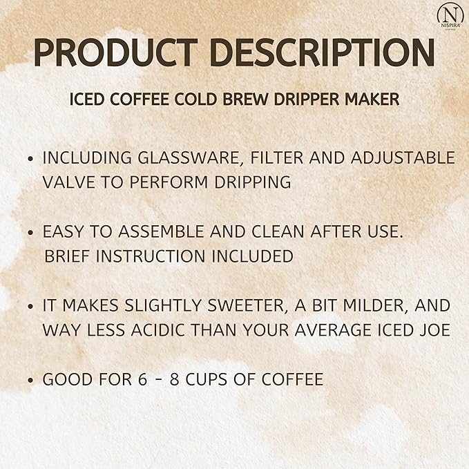 Nispira Iced Coffee Cold Brew Drip Tower Coffee Maker, 6–8 Cup Manual Cold Brew Brewer with Adjustable Valve, Wooden Frame & Glassware, Slow Cold Extraction System