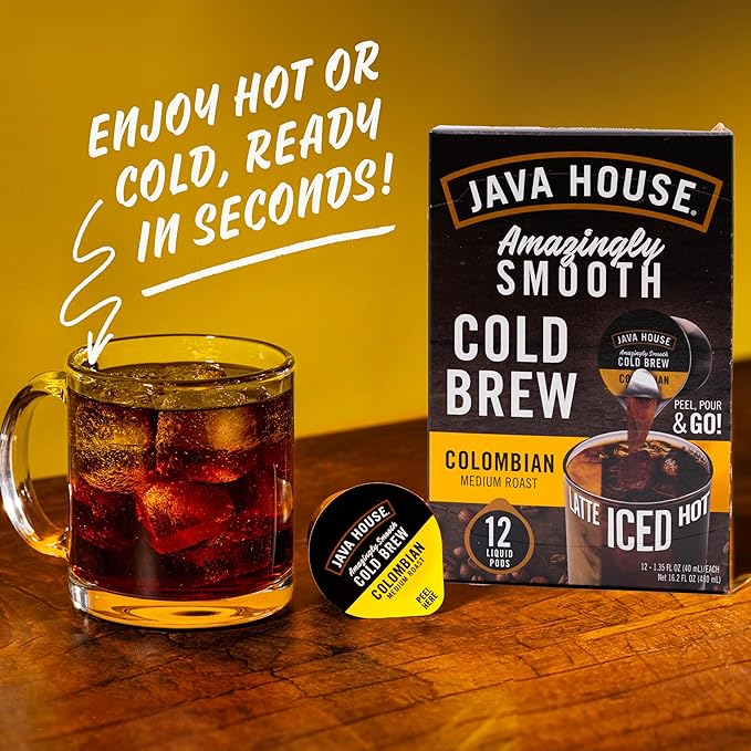 JAVA HOUSE Medium Roast Colombian Cold Brew Capsules, 1.35 Fluid Ounces (48 Count) Peel and Pour, TSA Approved, Travel Friendly Cold Brew, Hot or Iced, Instant Coffee Concentrate
