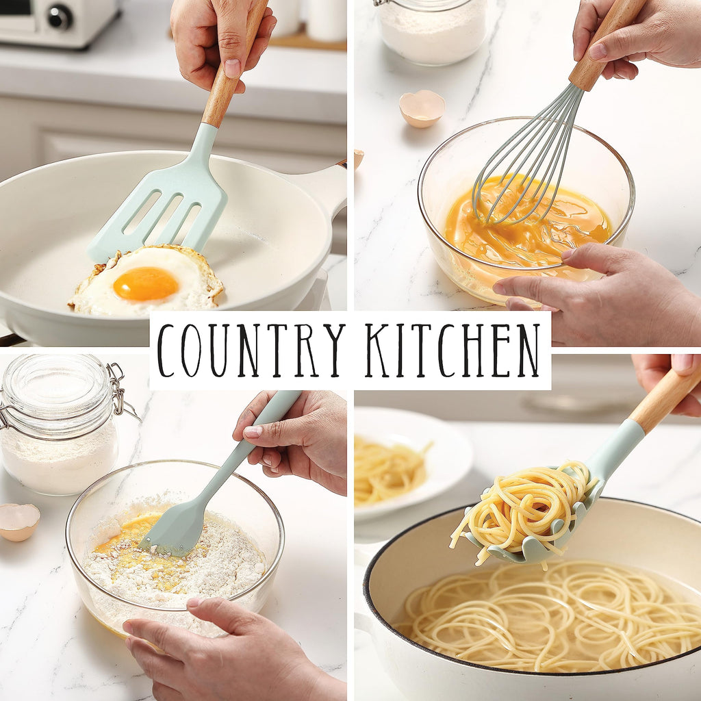 Country Kitchen Non Stick Silicone Utensil Set with Rounded Wood Handles for Cooking and Baking, 14 Piece Set, Mint