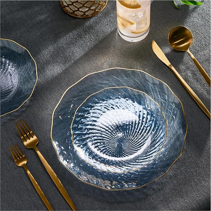 PLASTICPRO 30 Pack Plastic Plates Set of 15-10 inch Plate and 15-7 inch Plates, Elegant Clear Blue Spiral and Gold Rim Disposable Fancy Plate Premium Heavyweight