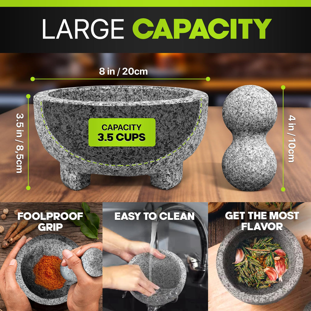 Umien Granite Mortar and Pestle Set 8-Inch (3.5-Cup), Molcajete, Grey