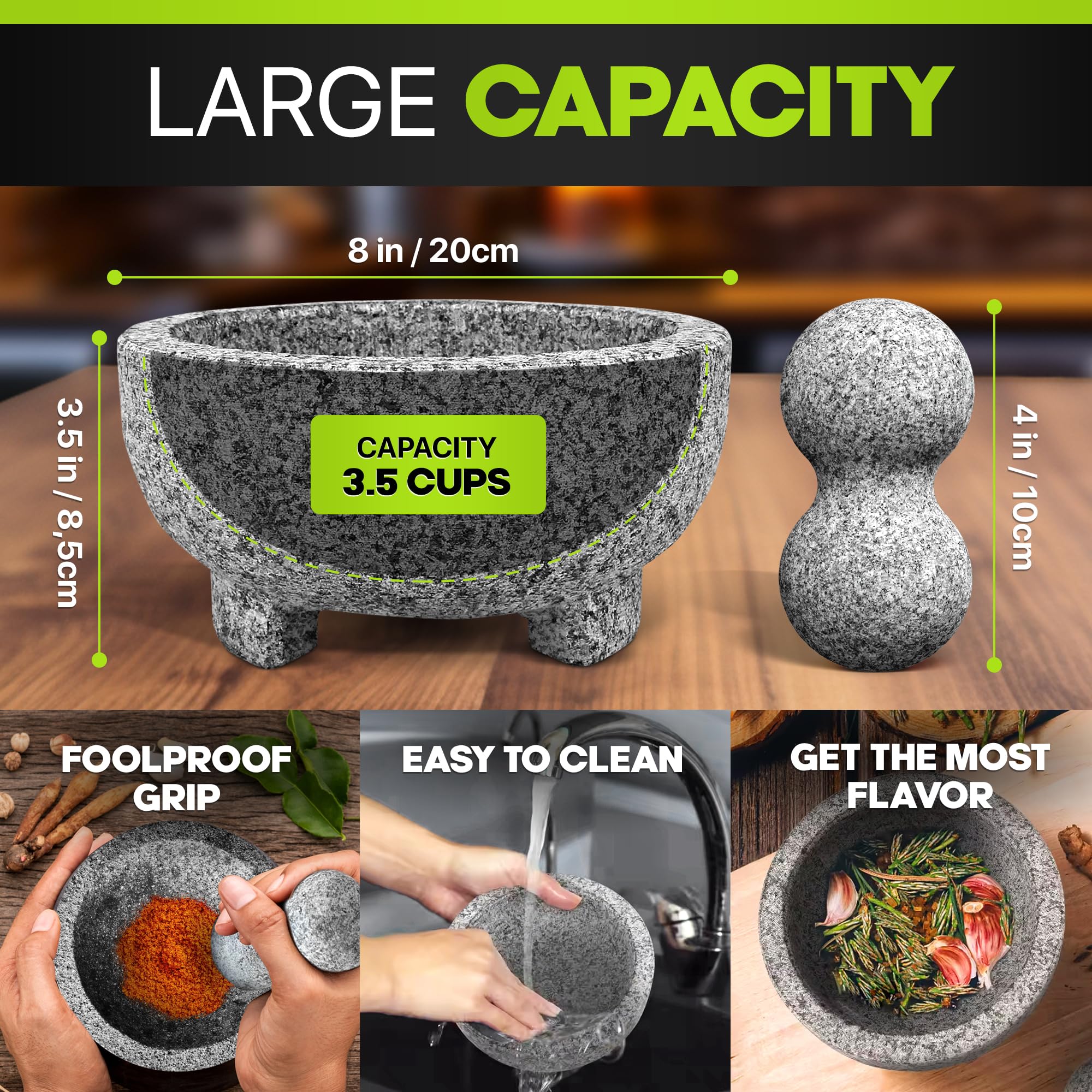 Umien Granite Mortar and Pestle Set 8-Inch (3.5-Cup), Molcajete, Grey