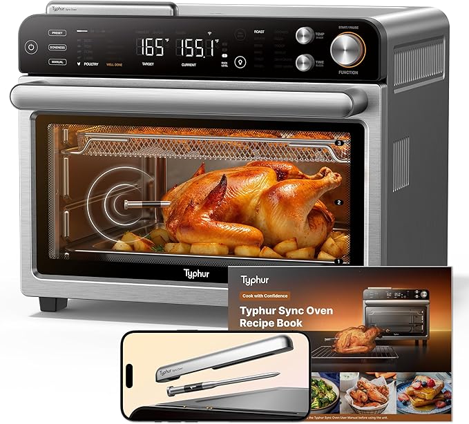 Typhur Sync Oven with Smart AI Wireless Meat Thermometer Probe, 12‑in‑1 Countertop Air Fryer Toaster Oven Combo, 360° Turbo Convection, Dehydrator, Recipe & 5 Accessories, Large 27QT, Stainless Steel