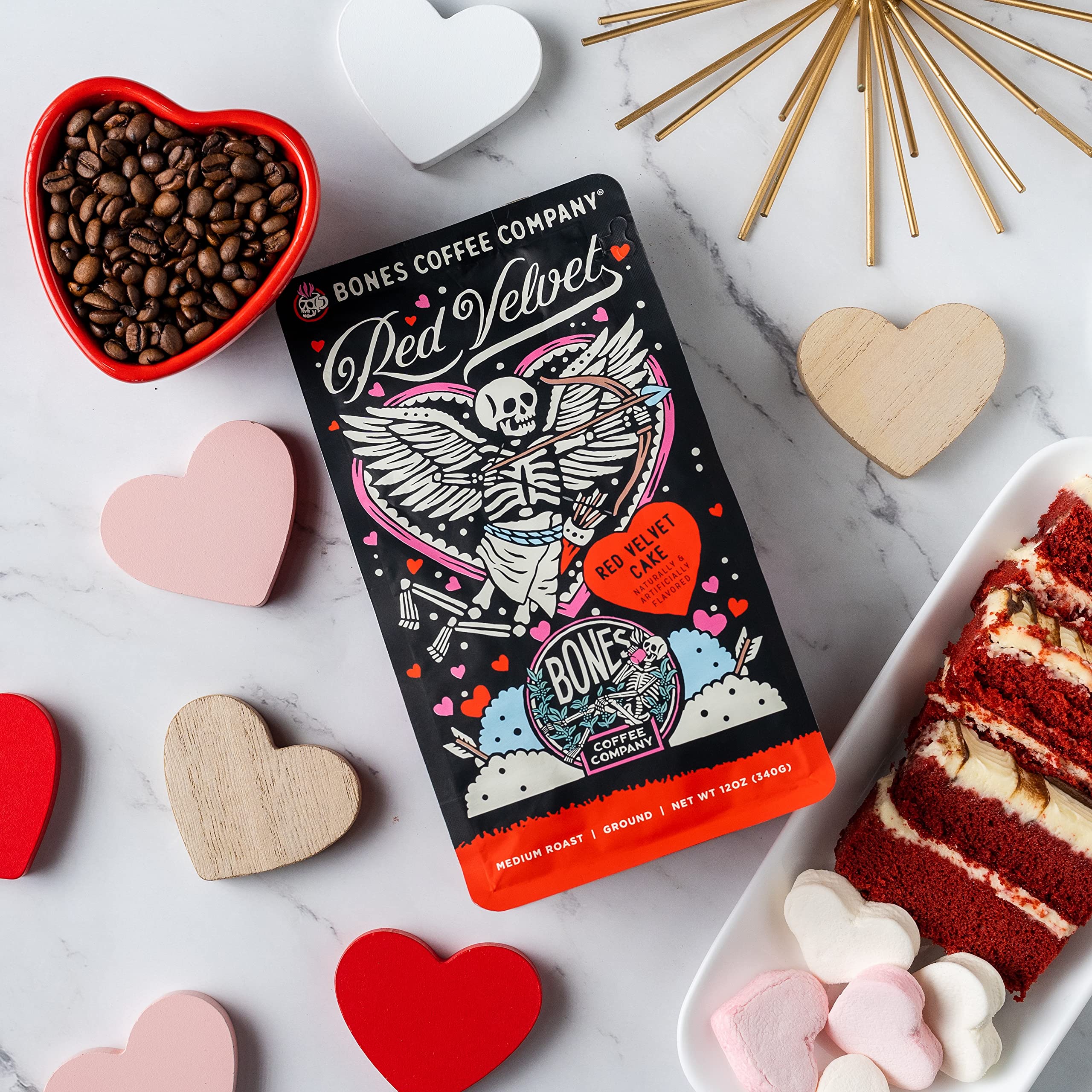 Bones Coffee Company Red Velvet, Red Velvet Cake Flavored Coffee, Medium Roast Low Acid Arabica Beans Compatible with Auto drip and French Press Coffee Maker, 12 Oz Whole Bean