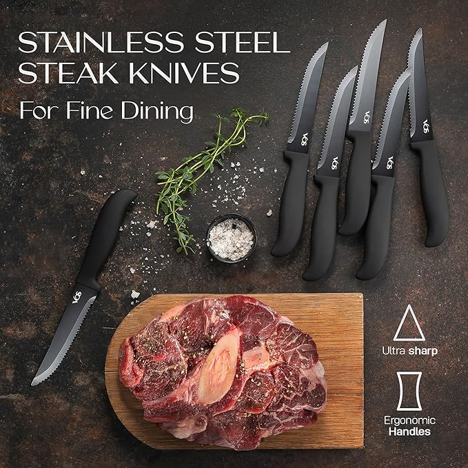 Vos Ceramic Knife Set With Block - 13-Piece Ceramic Knives Set For Kitchen, Includes Chef, Santoku, Bread Knives, Steak Knives, Peeler & Elegant Wooden Block - Ultra-Sharp, Dishwasher safe,Lightweight